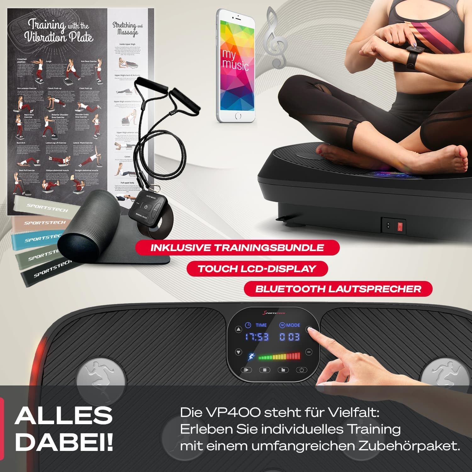 Sportstech VP400: 4D Vibrationsplatte mit Smart‑LED und Trainingsbändern