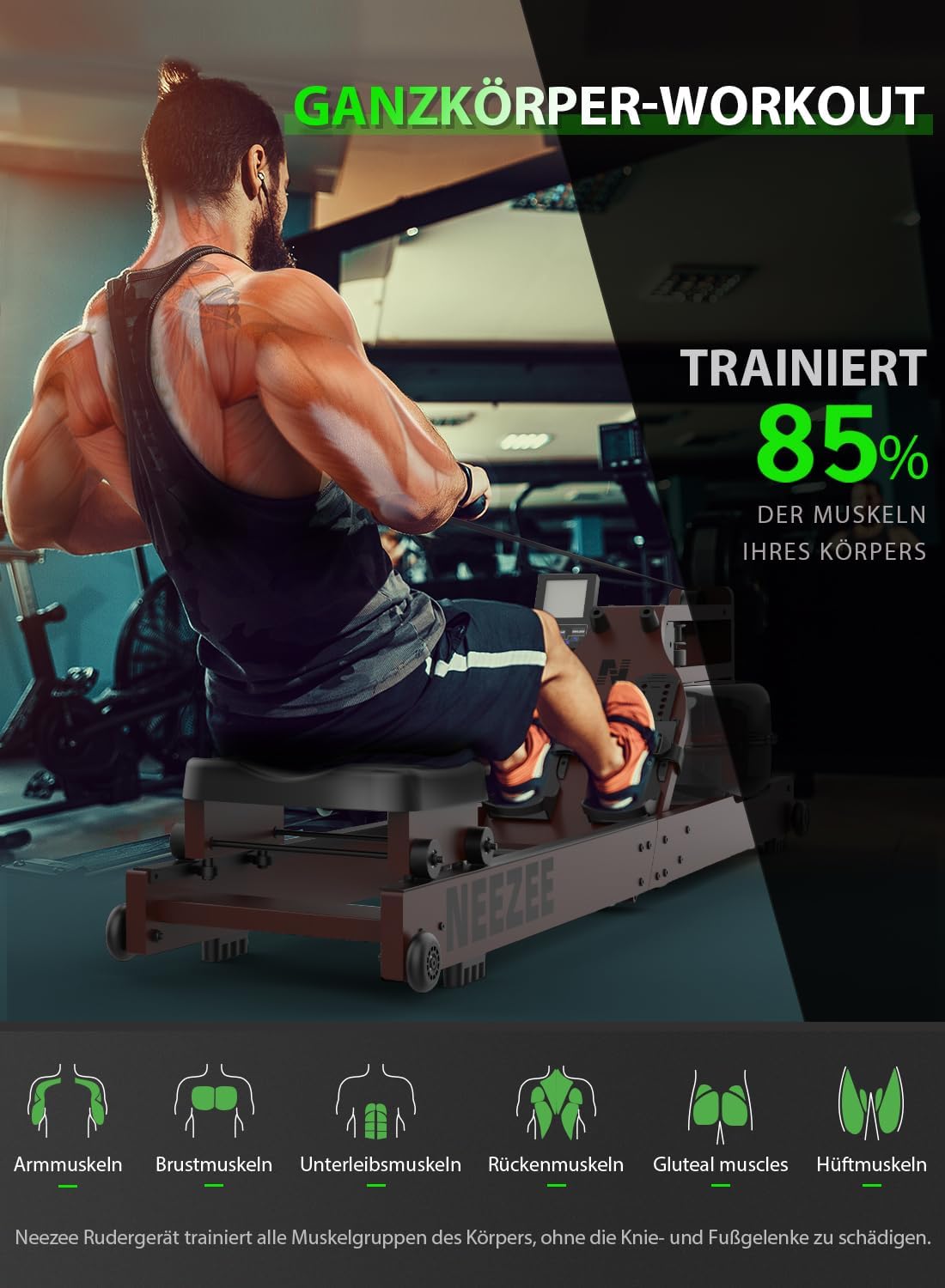 Neezee Water Rudergerät: Massivholz-Heimtrainer