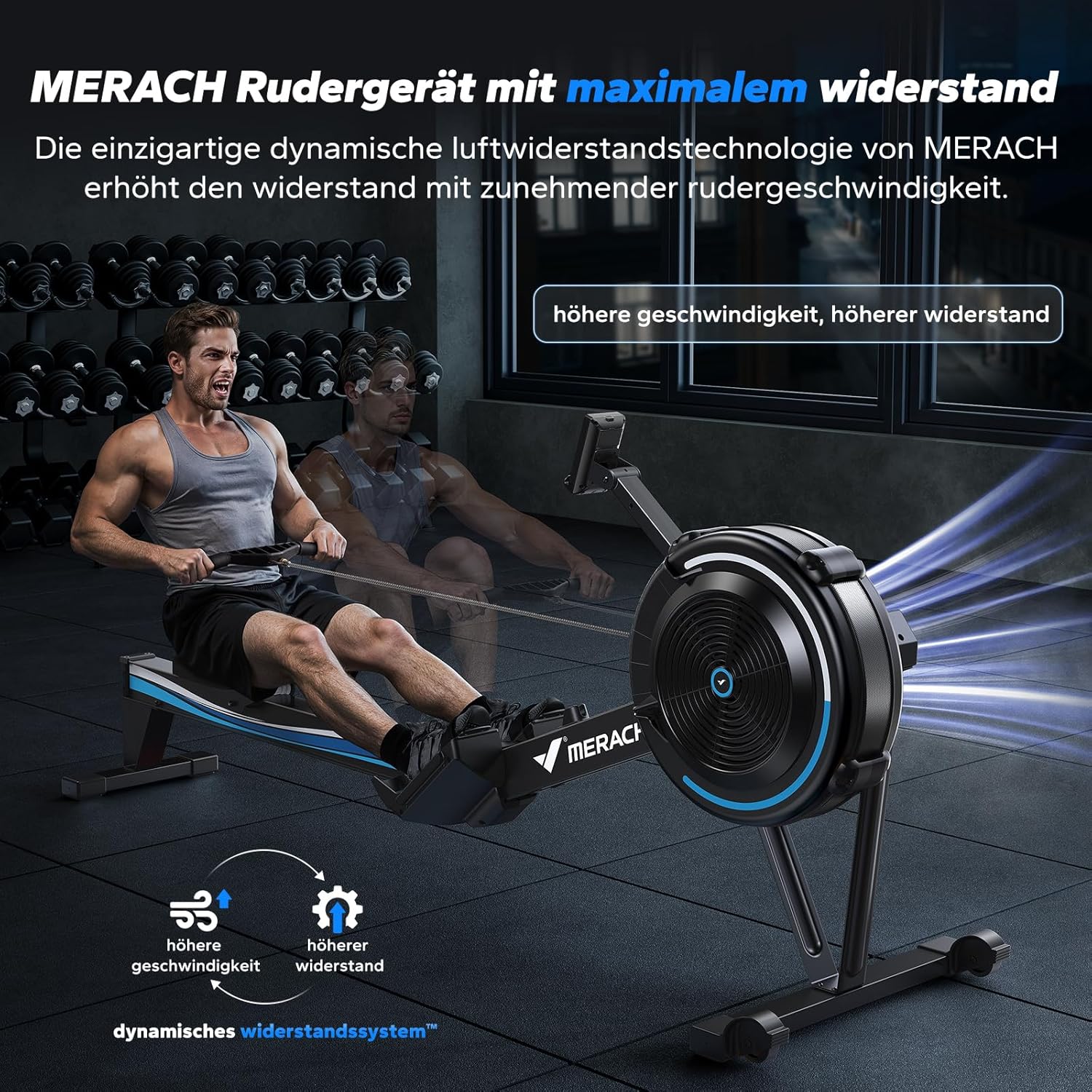 MERACH Rudergerät: Luftwiderstand, 10 Stufen & App