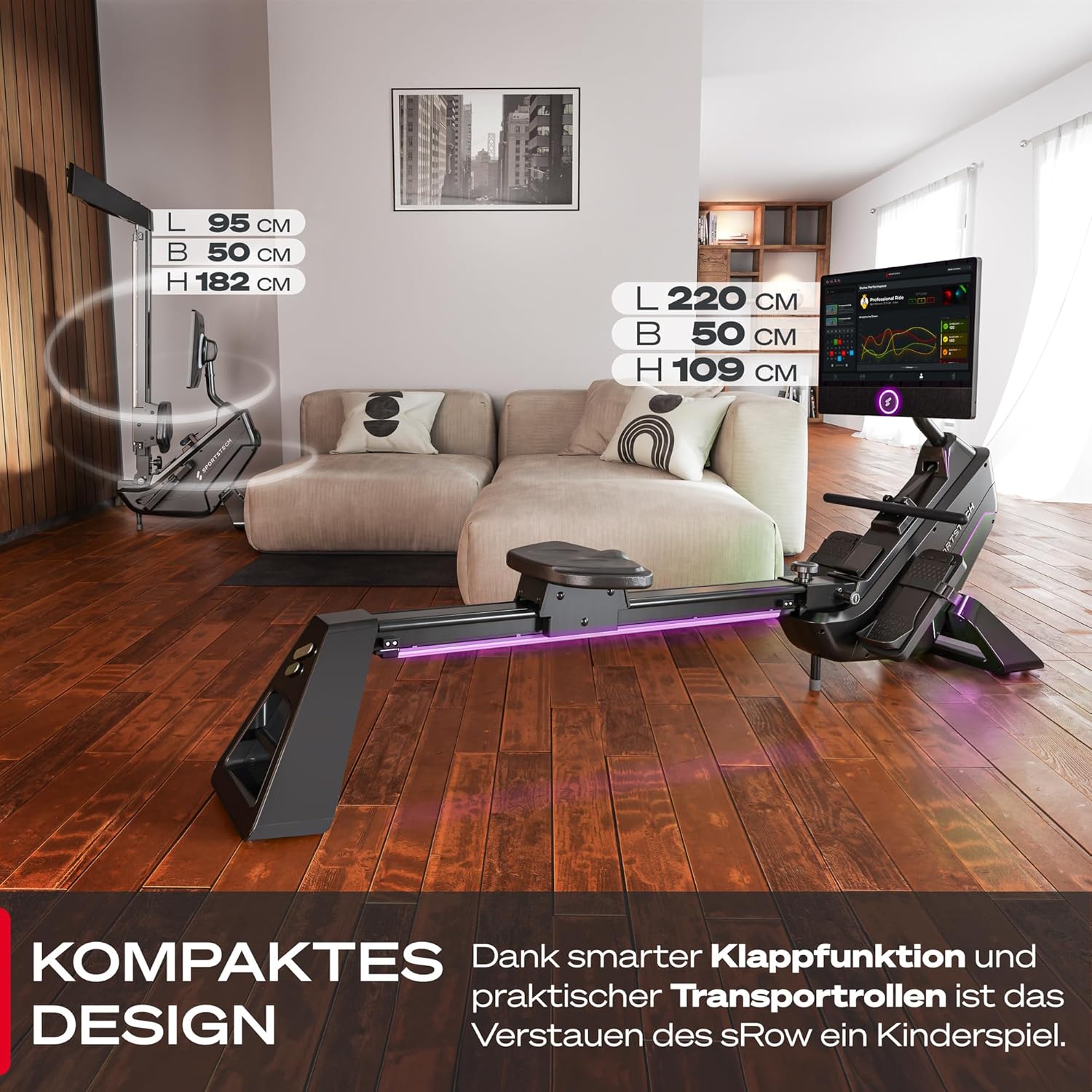 Sportstech Premium Rudergerät mit 21,5" Touchscreen & App