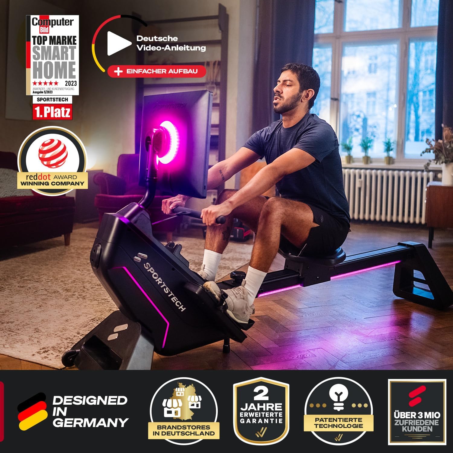 Sportstech Premium Rudergerät mit 21,5" Touchscreen & App
