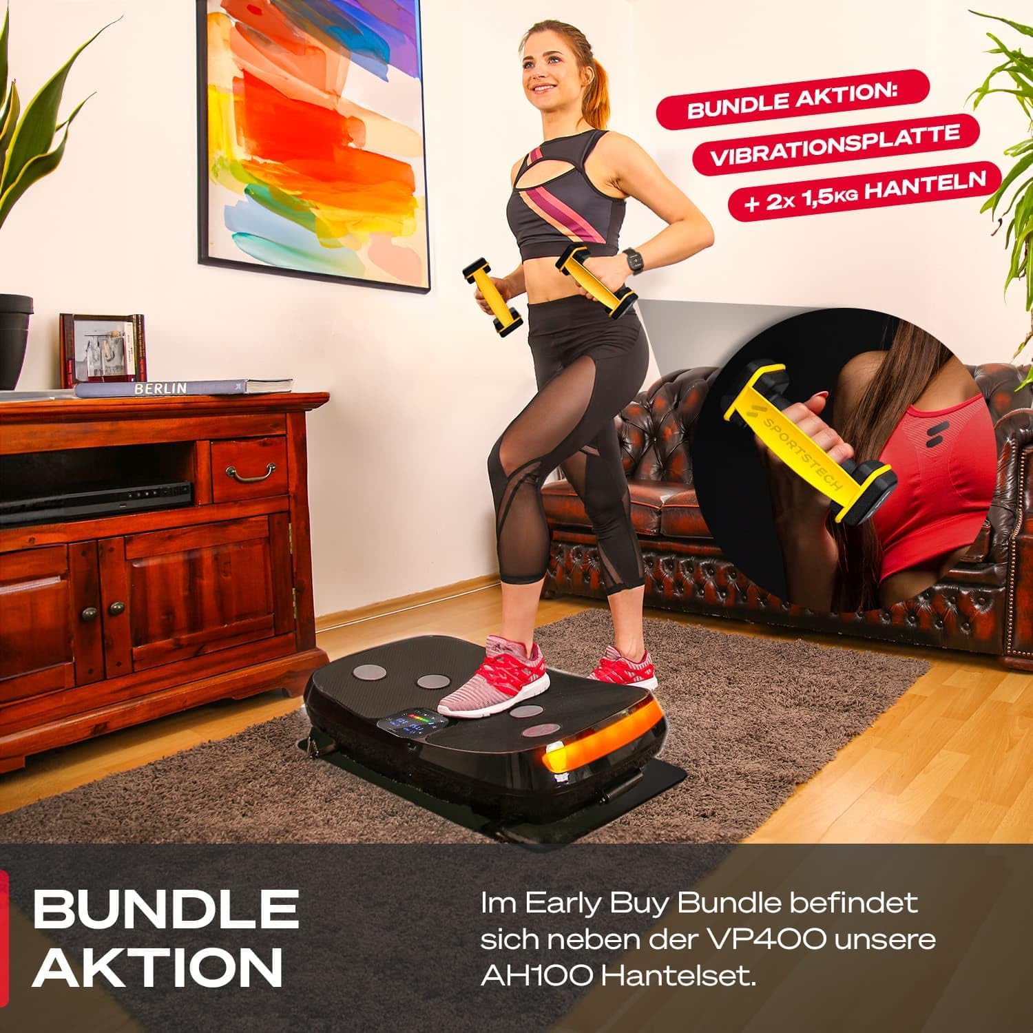 Sportstech VP400: 4D Vibrationsplatte mit Smart‑LED und Trainingsbändern