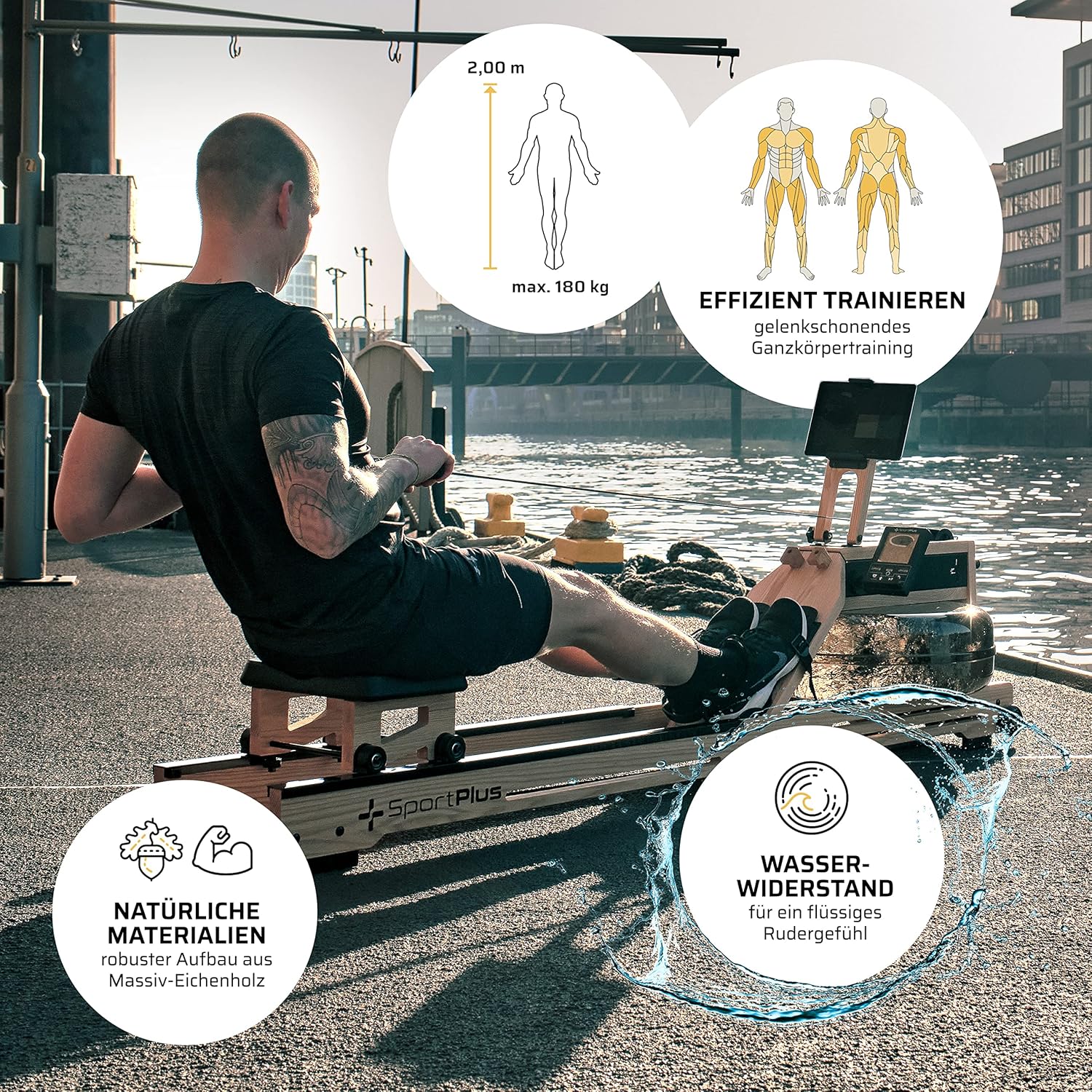 SportPlus Water Rowing Machine Solid Oak Wood Rower App-Compatible