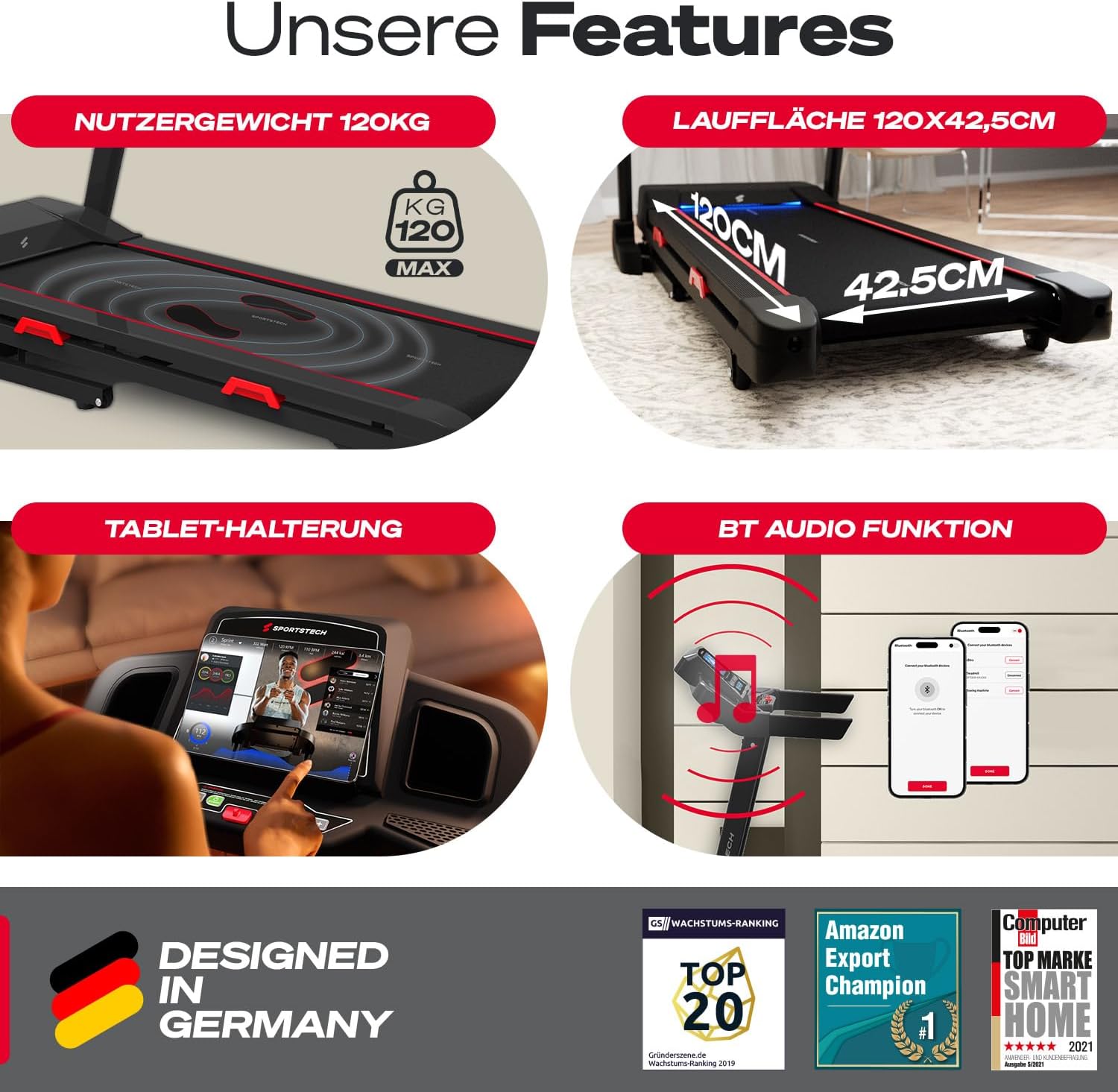 Sportstech F31s: Klappbares Laufband für Zuhause mit App, Bluetooth & LED