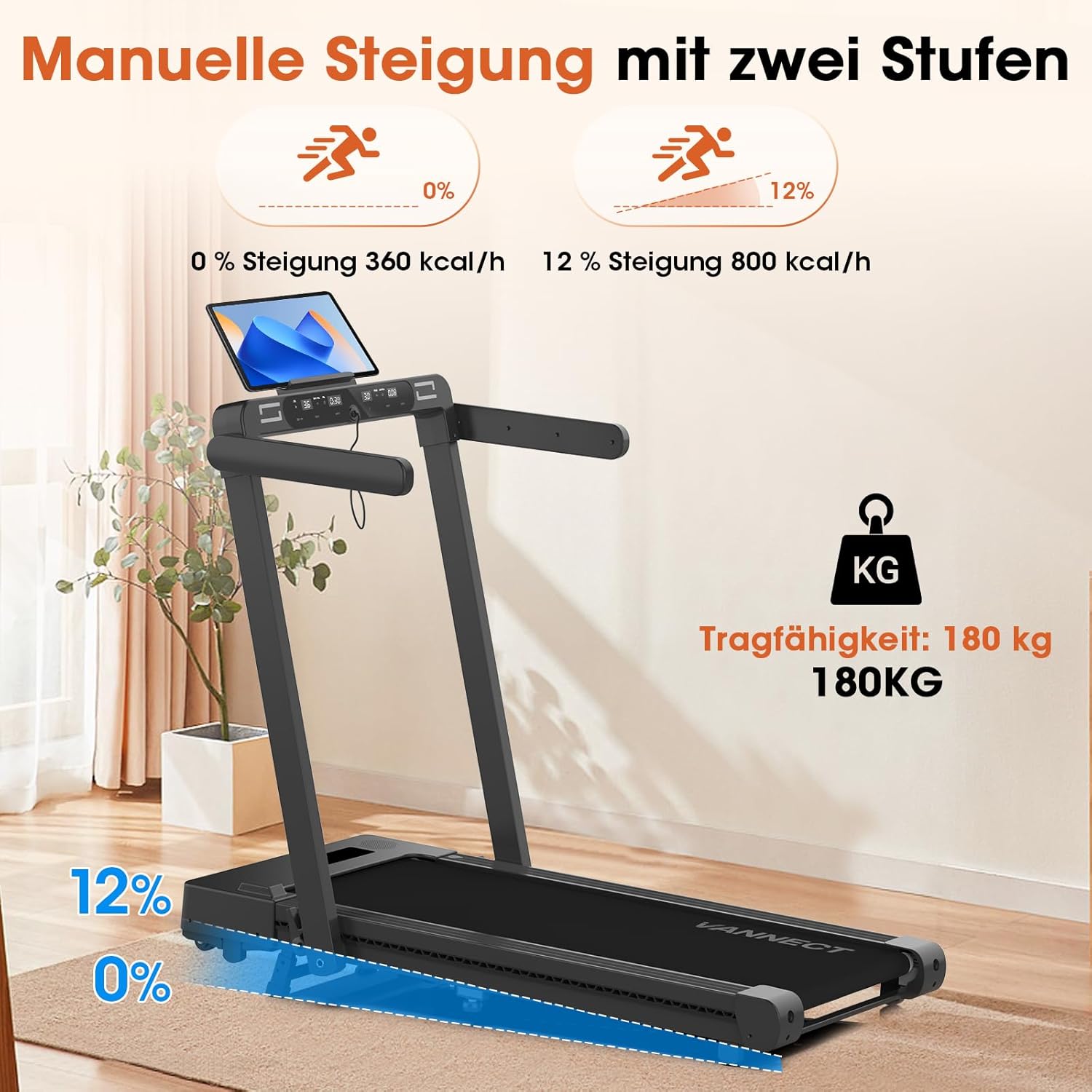 VANNECT Faltbares Laufband: Walking Pad mit Steigung für Zuhause