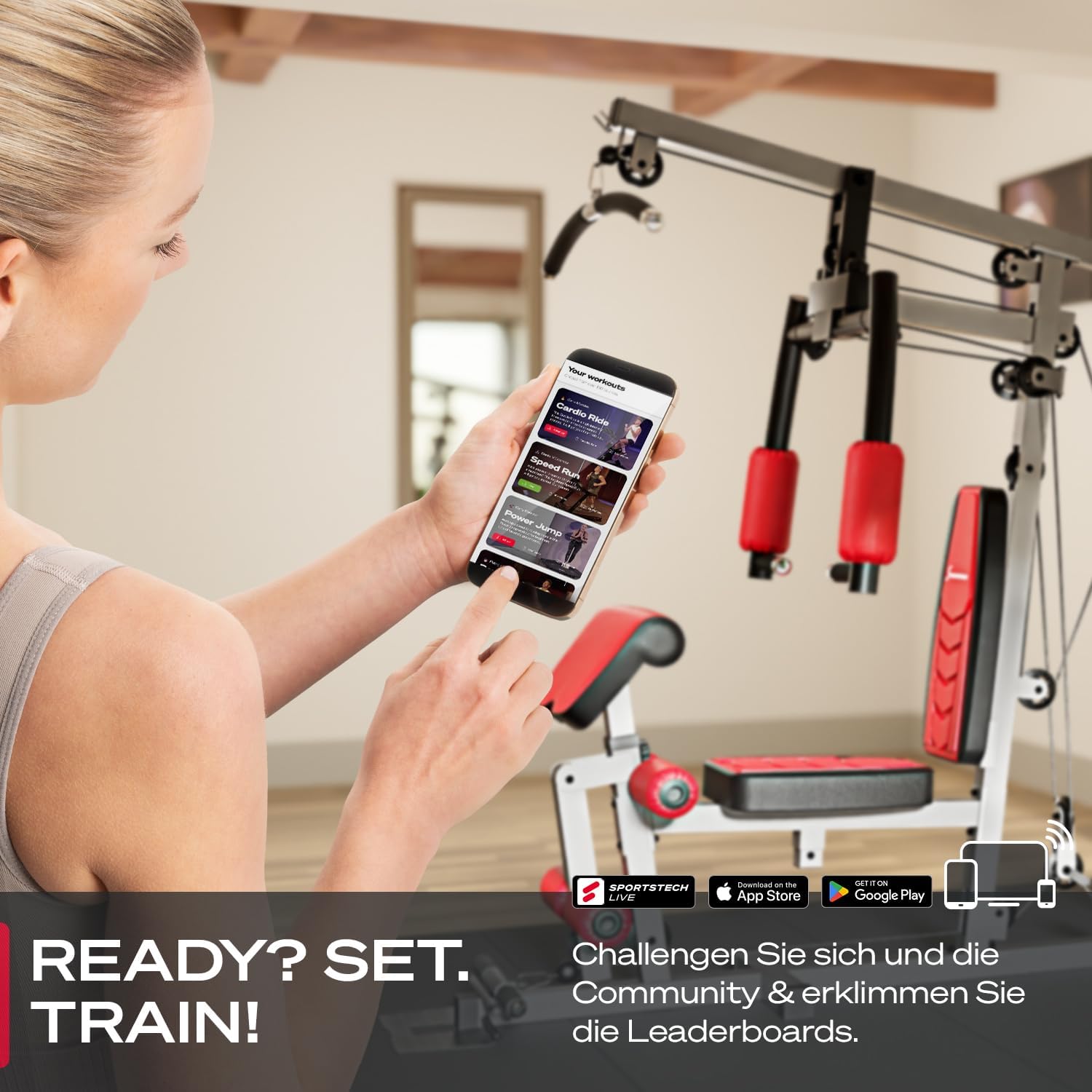 Sportstech HGX200: Multifunktions-Kraftstation mit Stepper, Beinpresse & Powertower