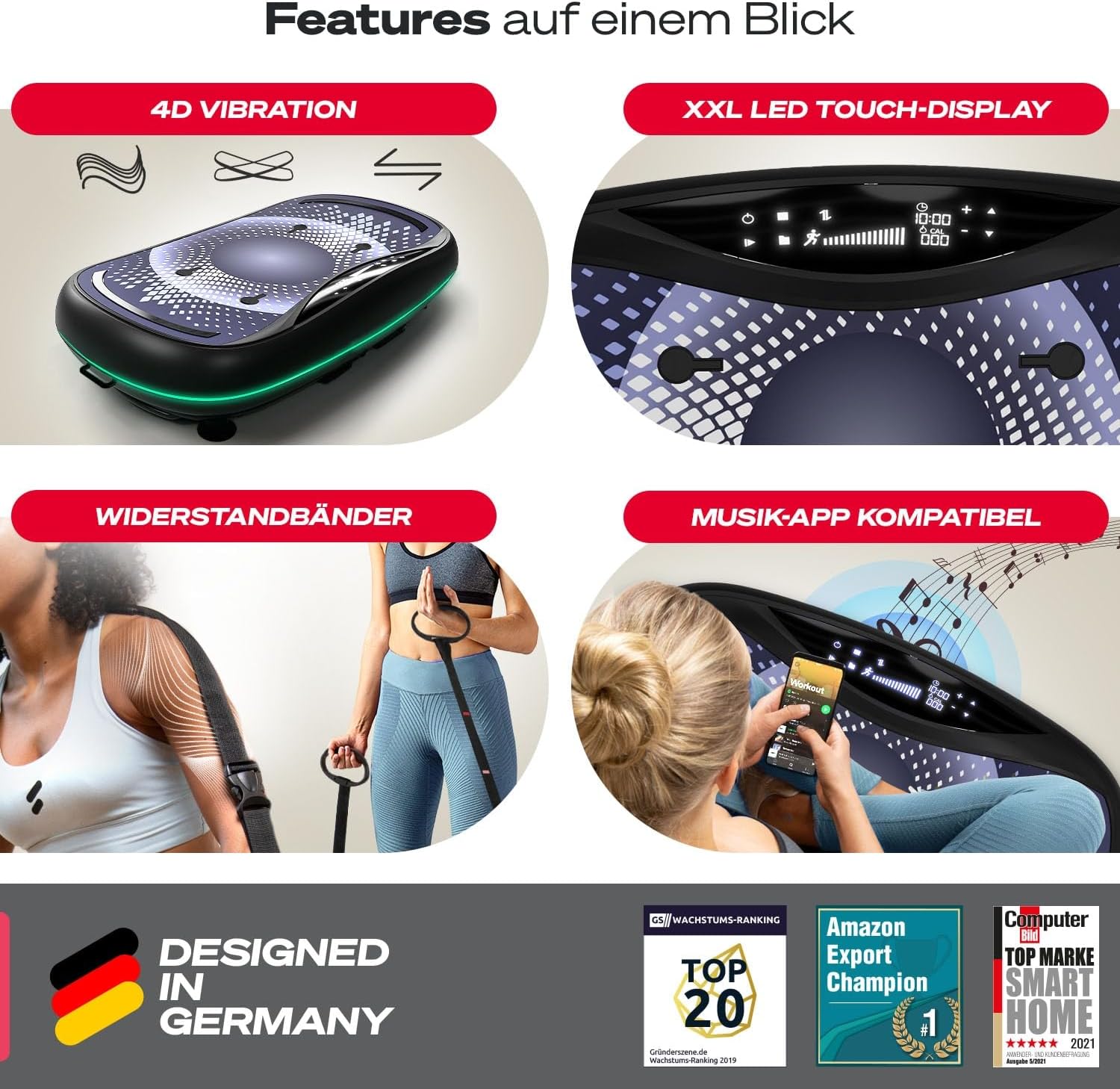 Sportstech 4D Vibrationsplatte: Smart LED, Bluetooth, Fitness & Yoga