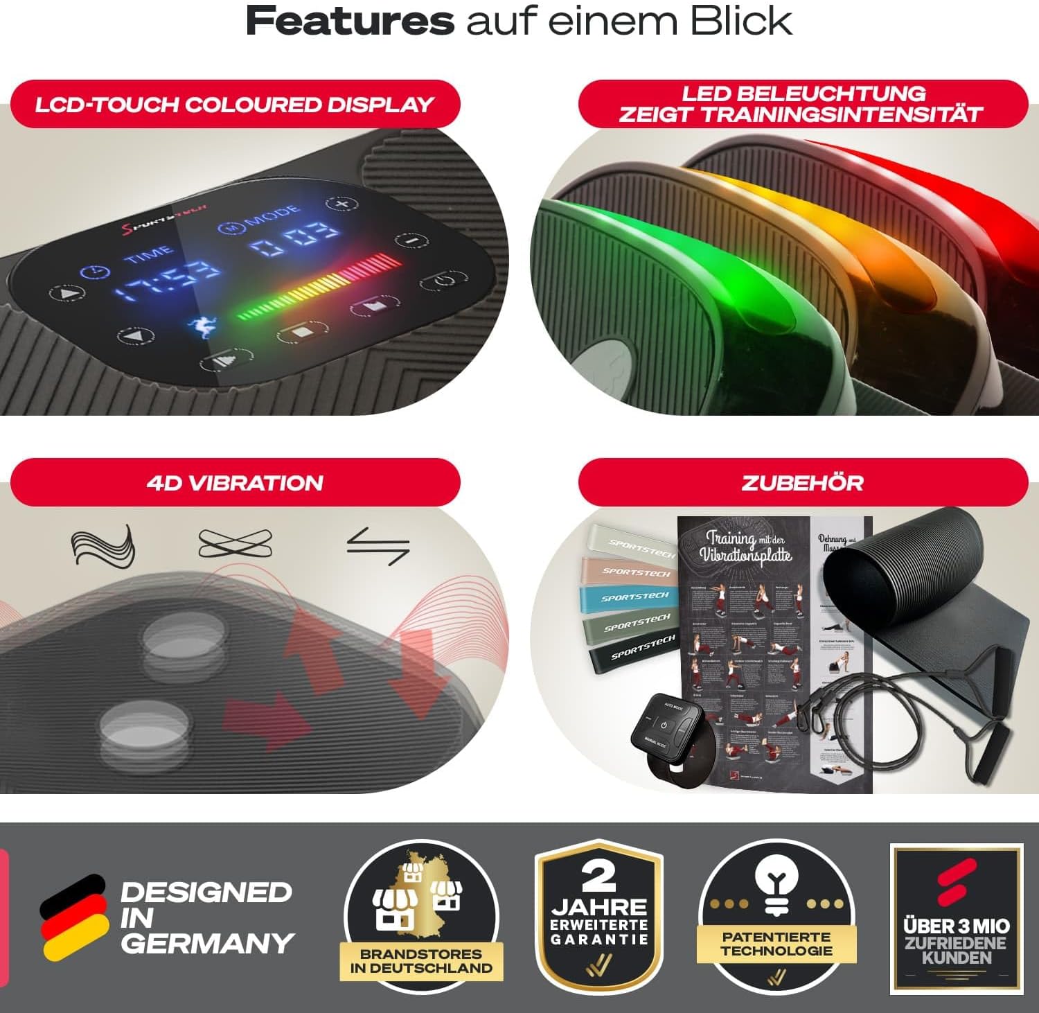 Sportstech VP400: 4D Vibrationsplatte mit Smart‑LED und Trainingsbändern