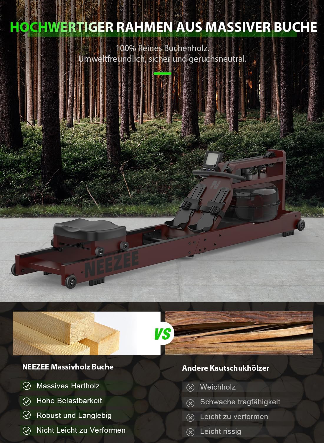 Neezee Water Rudergerät: Massivholz-Heimtrainer